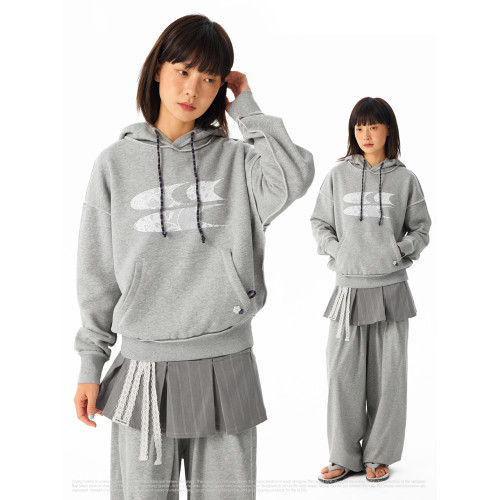 CryingCenter 條紋小花蕾絲印花抓絨連帽合身中短款衛衣 哭喊中心 CryingCenter 條紋小花蕾絲印花抓絨連帽合身中短款衛衣 哭喊中心