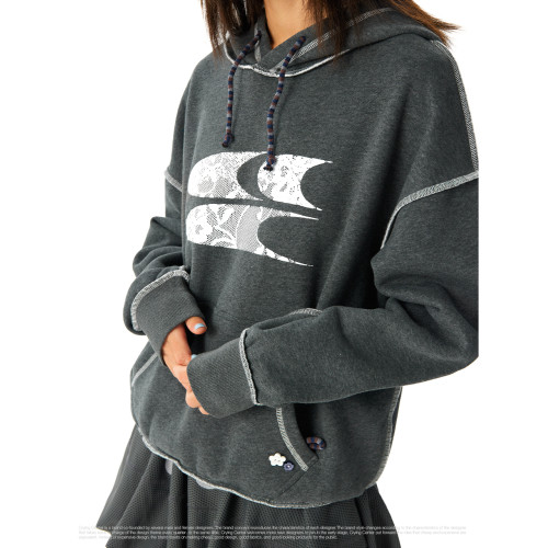 CryingCenter 條紋小花蕾絲印花抓絨連帽合身中短款衛衣 哭喊中心 CryingCenter 條紋小花蕾絲印花抓絨連帽合身中短款衛衣 哭喊中心