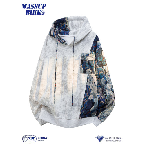 WASSUP BIKK紥染刺綉拼接連帽衛衣男秋季潮牌設計感寬松上衣外套 WASSUP BIKK紥染刺綉拼接連帽衛衣男秋季潮牌設計感寬松上衣外套