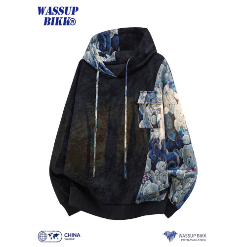 WASSUP BIKK紥染刺綉拼接連帽衛衣男秋季潮牌設計感寬松上衣外套 WASSUP BIKK紥染刺綉拼接連帽衛衣男秋季潮牌設計感寬松上衣外套
