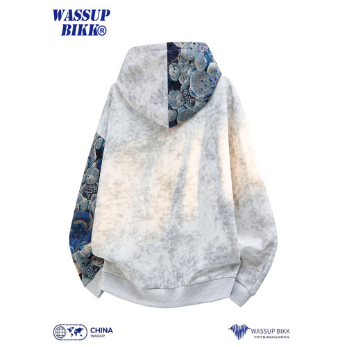 WASSUP BIKK紥染刺綉拼接連帽衛衣男秋季潮牌設計感寬松上衣外套 WASSUP BIKK紥染刺綉拼接連帽衛衣男秋季潮牌設計感寬松上衣外套