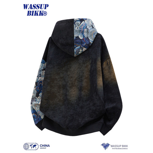 WASSUP BIKK紥染刺綉拼接連帽衛衣男秋季潮牌設計感寬松上衣外套 WASSUP BIKK紥染刺綉拼接連帽衛衣男秋季潮牌設計感寬松上衣外套