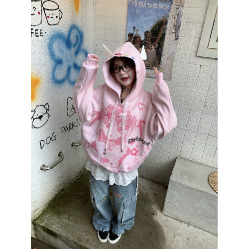 GTGA卡通印花撞色落肩袖連帽衛衣男女秋季新款亞萌感甜酷百搭外套 GTGA卡通印花撞色落肩袖連帽衛衣男女秋季新款亞萌感甜酷百搭外套