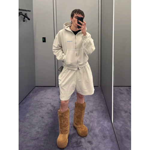 BMC 水洗做舊白刺綉拉鍊衛衣短寬破壞連帽帽衫外套邊伯賢同款