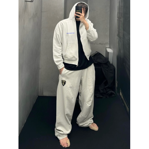 BMC 水洗做舊白刺綉拉鍊衛衣短寬破壞連帽帽衫外套邊伯賢同款