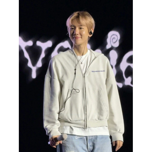 BMC 水洗做舊白刺綉拉鍊衛衣短寬破壞連帽帽衫外套邊伯賢同款