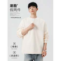 迴力假兩件亨利領加絨衛衣男士春秋冬2025新款青少年長袖男生上衣