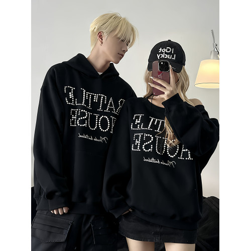秋冬重磅黑色連帽斜肩不一樣情侶裝英文釘珠重工大碼韓版休閒衛衣 秋冬重磅黑色連帽斜肩不一樣情侶裝英文釘珠重工大碼韓版休閒衛衣