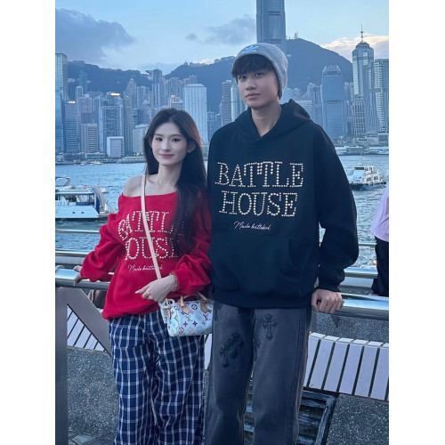 秋冬重磅黑色連帽斜肩不一樣情侶裝英文釘珠重工大碼韓版休閒衛衣 秋冬重磅黑色連帽斜肩不一樣情侶裝英文釘珠重工大碼韓版休閒衛衣