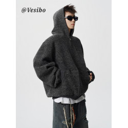 復古老錢風條紋開衫衛衣男秋休閒慵懶風連帽外套美式運動情侶夾克