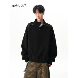 480G重磅美式休閒立領衛衣男女秋季設計感休閒套頭衫寬松運動上衣