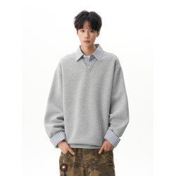 480g重磅加絨格紋假兩件翻領衛衣男女秋季拼接Polo領長袖套頭衫