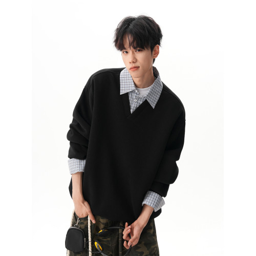 480g重磅加絨格紋假兩件翻領衛衣男女秋季拼接Polo領長袖套頭衫 480g重磅加絨格紋假兩件翻領衛衣男女秋季拼接Polo領長袖套頭衫