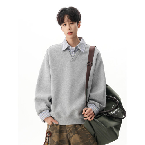 480g重磅加絨格紋假兩件翻領衛衣男女秋季拼接Polo領長袖套頭衫 480g重磅加絨格紋假兩件翻領衛衣男女秋季拼接Polo領長袖套頭衫