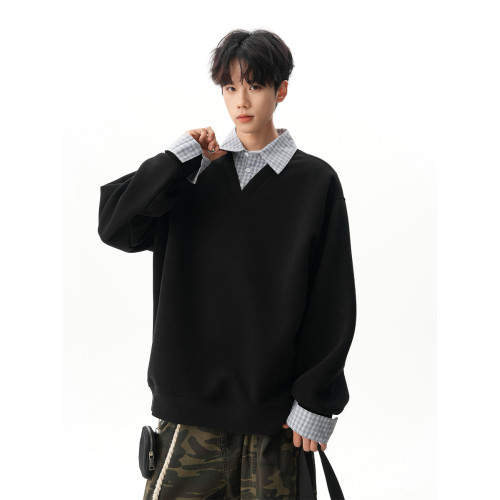 480g重磅加絨格紋假兩件翻領衛衣男女秋季拼接Polo領長袖套頭衫 480g重磅加絨格紋假兩件翻領衛衣男女秋季拼接Polo領長袖套頭衫