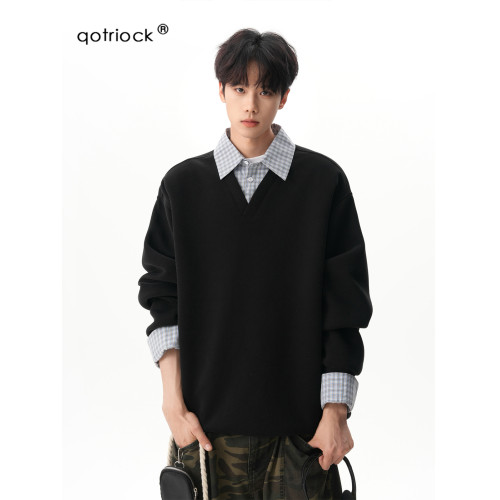 480g重磅加絨格紋假兩件翻領衛衣男女秋季拼接Polo領長袖套頭衫 480g重磅加絨格紋假兩件翻領衛衣男女秋季拼接Polo領長袖套頭衫