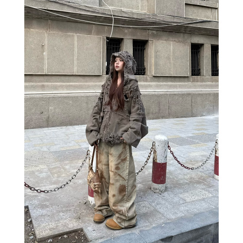 Latui Atelier大破壞拉鍊廓形做舊連帽衫衛衣樸彩英Rose同款外套 Latui Atelier大破壞拉鍊廓形做舊連帽衫衛衣樸彩英Rose同款外套