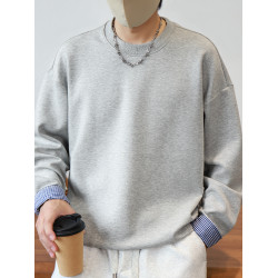 米蘭專櫃高級感襯衫式格紋拼接圓領衛衣男士秋季新款休閒長袖上衣