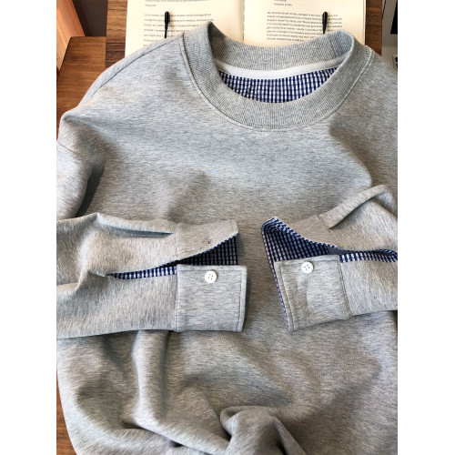 米蘭專櫃高級感襯衫式格紋拼接圓領衛衣男士秋季新款休閒長袖上衣 米蘭專櫃高級感襯衫式格紋拼接圓領衛衣男士秋季新款休閒長袖上衣