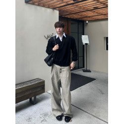 黑色假兩件條紋V領衛衣男秋冬短款boxy套頭上衣學院風長袖Polo衫