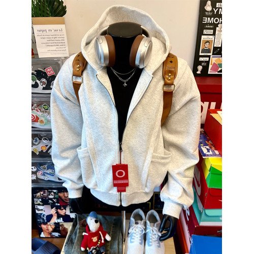 白灰色美式boxy開衫衛衣男款秋季短寬cleanfit重磅高克重連帽外套 白灰色美式boxy開衫衛衣男款秋季短寬cleanfit重磅高克重連帽外套