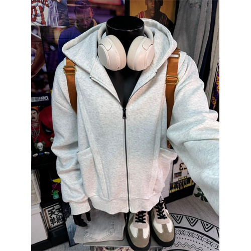 白灰色美式boxy開衫衛衣男款秋季短寬cleanfit重磅高克重連帽外套 白灰色美式boxy開衫衛衣男款秋季短寬cleanfit重磅高克重連帽外套