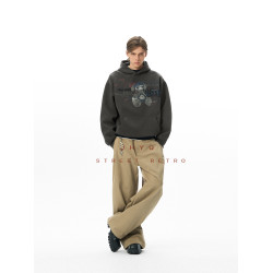 JHYQ2025秋冬美式復古400G重磅小熊釘珠印花連帽衛衣男寬松情侶衫