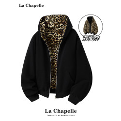 拉夏貝爾豹紋雙面穿衛衣開衫男女秋冬拼接連帽外套高街痞帥寬松潮