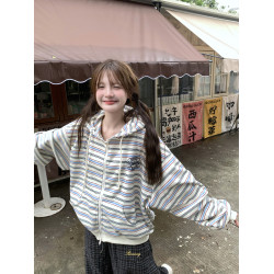 GTGA撞色條紋連帽開衫衛衣女秋冬新款拉鍊外套慵懶風寬松休閒上衣