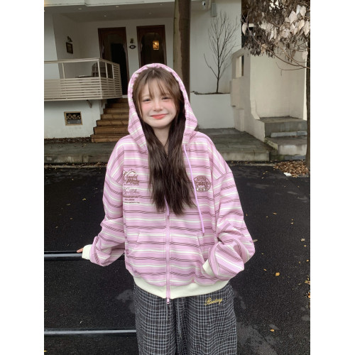 GTGA撞色條紋連帽開衫衛衣女秋冬新款拉鍊外套慵懶風寬松休閒上衣 GTGA撞色條紋連帽開衫衛衣女秋冬新款拉鍊外套慵懶風寬松休閒上衣