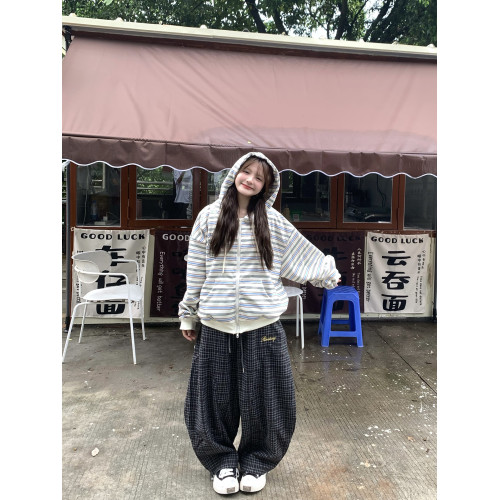 GTGA撞色條紋連帽開衫衛衣女秋冬新款拉鍊外套慵懶風寬松休閒上衣 GTGA撞色條紋連帽開衫衛衣女秋冬新款拉鍊外套慵懶風寬松休閒上衣