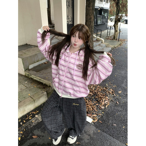 GTGA撞色條紋連帽開衫衛衣女秋冬新款拉鍊外套慵懶風寬松休閒上衣 GTGA撞色條紋連帽開衫衛衣女秋冬新款拉鍊外套慵懶風寬松休閒上衣