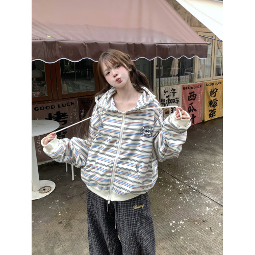 GTGA撞色條紋連帽開衫衛衣女秋冬新款拉鍊外套慵懶風寬松休閒上衣 GTGA撞色條紋連帽開衫衛衣女秋冬新款拉鍊外套慵懶風寬松休閒上衣