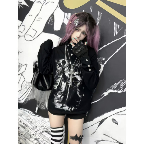 PAIKI「賽勒斯前奏」'魔王'古堡印花休閒風亨利領V領長袖T衛衣男 PAIKI「賽勒斯前奏」'魔王'古堡印花休閒風亨利領V領長袖T衛衣男