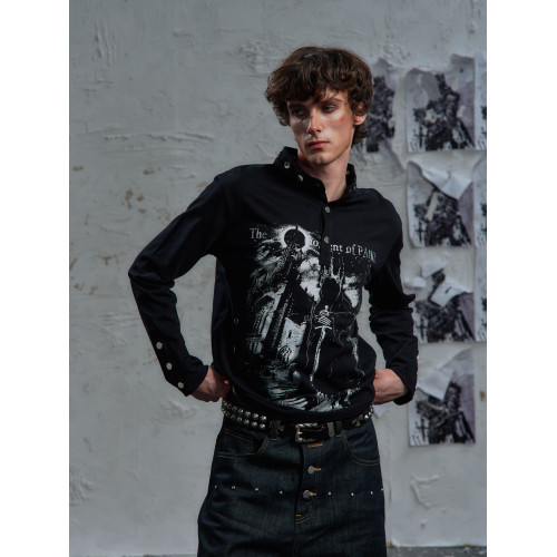 PAIKI「賽勒斯前奏」'魔王'古堡印花休閒風亨利領V領長袖T衛衣男 PAIKI「賽勒斯前奏」'魔王'古堡印花休閒風亨利領V領長袖T衛衣男