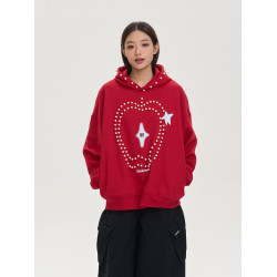 iSaluteU 趣味蘋果圖案珍珠燙釘連帽衛衣春秋季潮牌寬松帽衫情侶