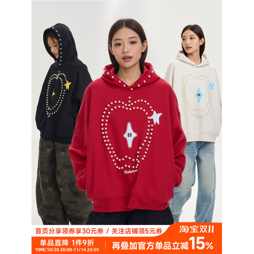 iSaluteU 趣味蘋果圖案珍珠燙釘連帽衛衣春秋季潮牌寬松帽衫情侶 iSaluteU 趣味蘋果圖案珍珠燙釘連帽衛衣春秋季潮牌寬松帽衫情侶