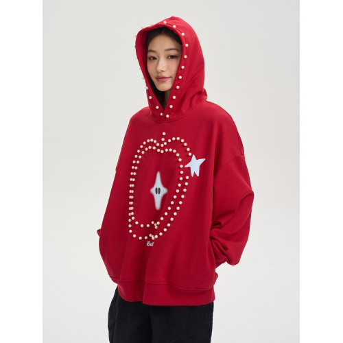 iSaluteU 趣味蘋果圖案珍珠燙釘連帽衛衣春秋季潮牌寬松帽衫情侶 iSaluteU 趣味蘋果圖案珍珠燙釘連帽衛衣春秋季潮牌寬松帽衫情侶