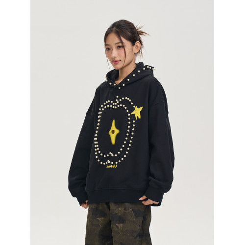 iSaluteU 趣味蘋果圖案珍珠燙釘連帽衛衣春秋季潮牌寬松帽衫情侶 iSaluteU 趣味蘋果圖案珍珠燙釘連帽衛衣春秋季潮牌寬松帽衫情侶