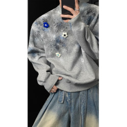 龍叨叨秋季新品美式潮牌小衆設計款衛衣男oversize寬松花朵上衣