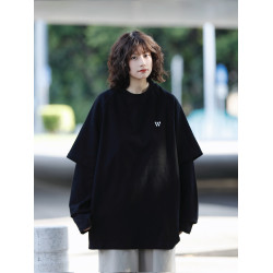 阿於呆日系復古純色假兩件長袖衛衣男寬松休閒百搭刺綉圓領上衣女