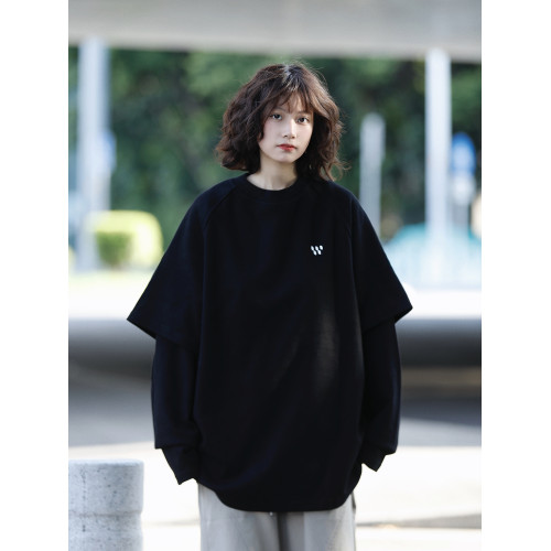 阿於呆日系復古純色假兩件長袖衛衣男寬松休閒百搭刺綉圓領上衣女 阿於呆日系復古純色假兩件長袖衛衣男寬松休閒百搭刺綉圓領上衣女