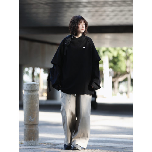 阿於呆日系復古純色假兩件長袖衛衣男寬松休閒百搭刺綉圓領上衣女 阿於呆日系復古純色假兩件長袖衛衣男寬松休閒百搭刺綉圓領上衣女