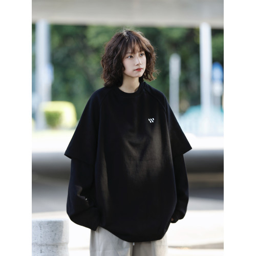 阿於呆日系復古純色假兩件長袖衛衣男寬松休閒百搭刺綉圓領上衣女 阿於呆日系復古純色假兩件長袖衛衣男寬松休閒百搭刺綉圓領上衣女