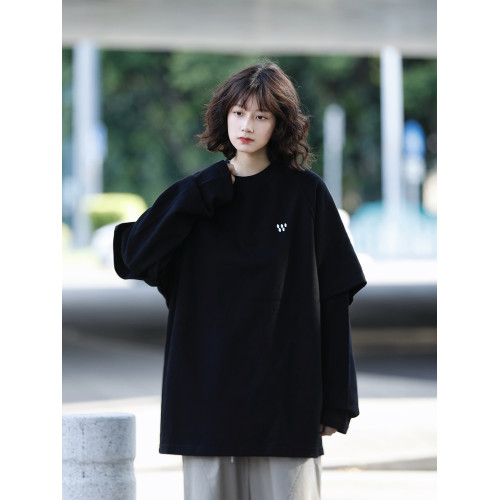 阿於呆日系復古純色假兩件長袖衛衣男寬松休閒百搭刺綉圓領上衣女 阿於呆日系復古純色假兩件長袖衛衣男寬松休閒百搭刺綉圓領上衣女