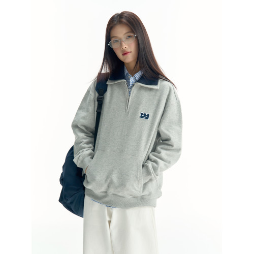 TGWALL「時遇」雙層翻領復古POLO領拉鍊撞色刺綉寬松套頭情侶衛衣 TGWALL「時遇」雙層翻領復古POLO領拉鍊撞色刺綉寬松套頭情侶衛衣