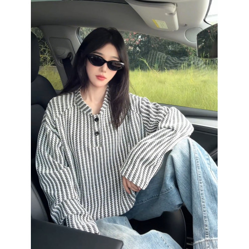 魚骨紋美式亨利領衛衣男款秋季重磅千鳥格長袖t恤polo內搭打底衫