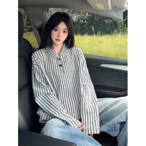 魚骨紋美式亨利領衛衣男款秋季重磅千鳥格長袖t恤polo內搭打底衫