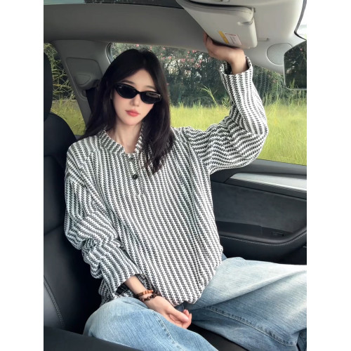 魚骨紋美式亨利領衛衣男款秋季重磅千鳥格長袖t恤polo內搭打底衫