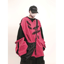 UUCSCC嘻哈潮牌破洞假兩件圓領衛衣美式復古vintage寬鬆長袖帽衫